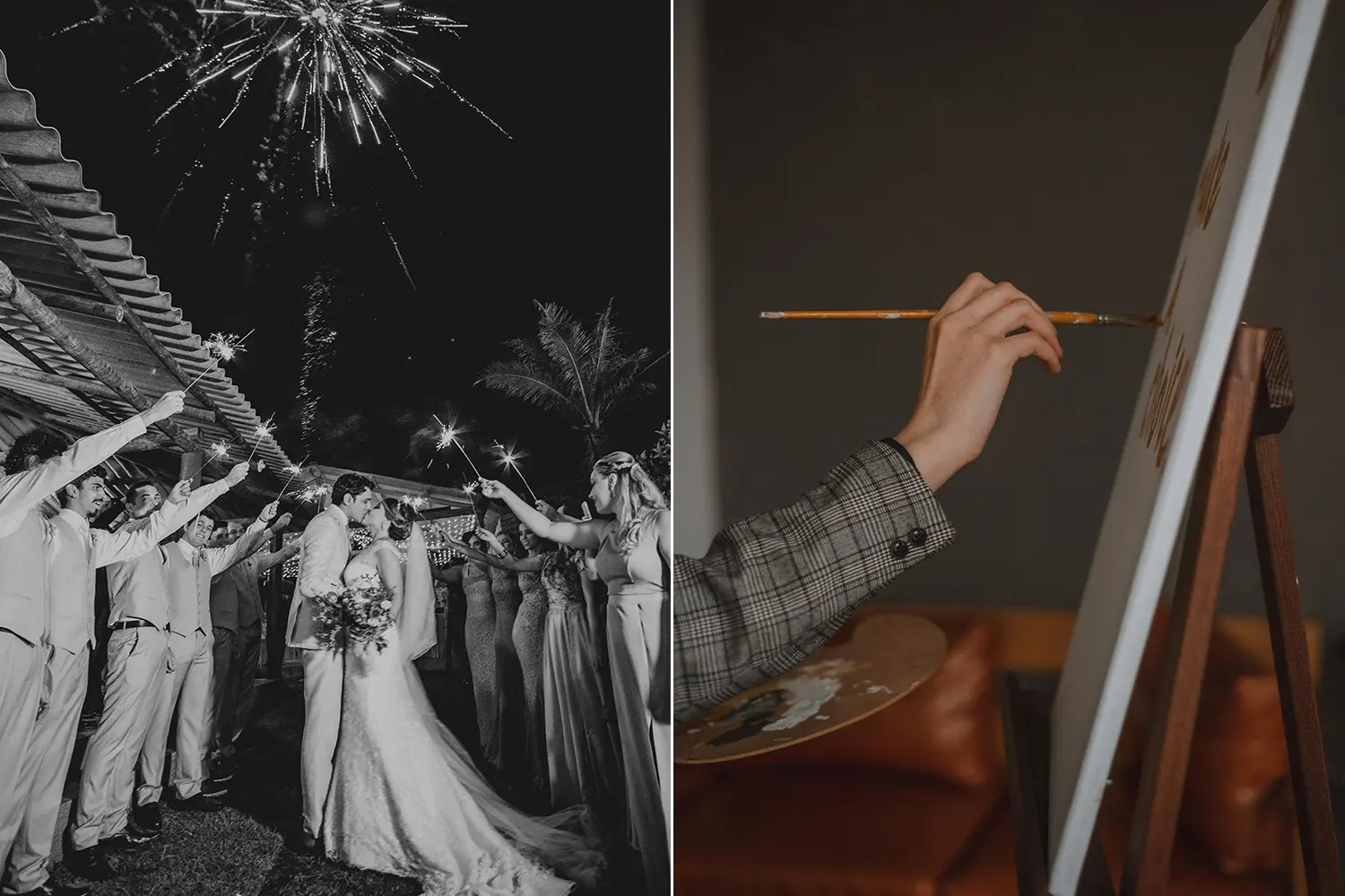 Kreisajā pusē melnbalta fotogrāfija, kurā redzams pāris, kas skūpstās, kamēr viesi ap viņiem tur brīnumsvecītes un fonā redzams salūts, radot romantisku un svinīgu noskaņu. Labajā pusē krāsaina fotogrāfija, kurā redzama sievietes roka, kas ar otas palīdzību glezno uz audekla, atspoguļojot dzīvo kāzu gleznotāju, kur&scaron; iemūžina pasākuma mirkļus gleznā.